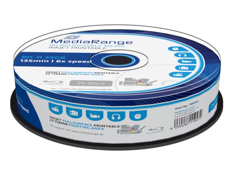 MediaRange Blu-Ray BD-R 25 GB entièrement imprimable - 6x - 10 pièces en  Cakebox -->