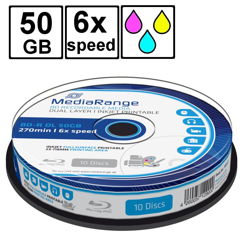 R 50gb Mediarange Blu Ray Recordable Printable 6x Speed Cakebox 10 Pieces